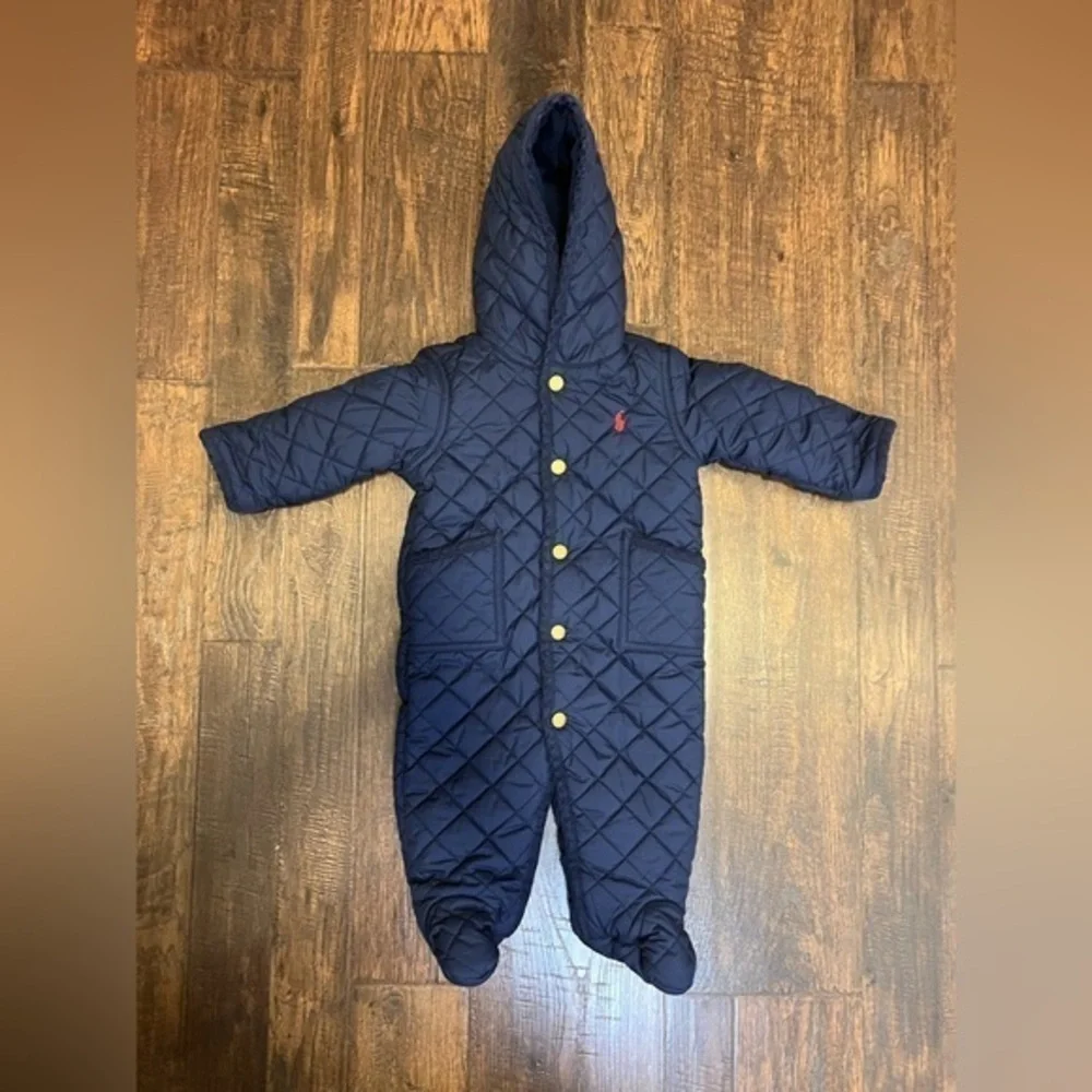 Ralph Lauren Infant Hooded Quilted Coverall Size 6 Months Color Navy Blue